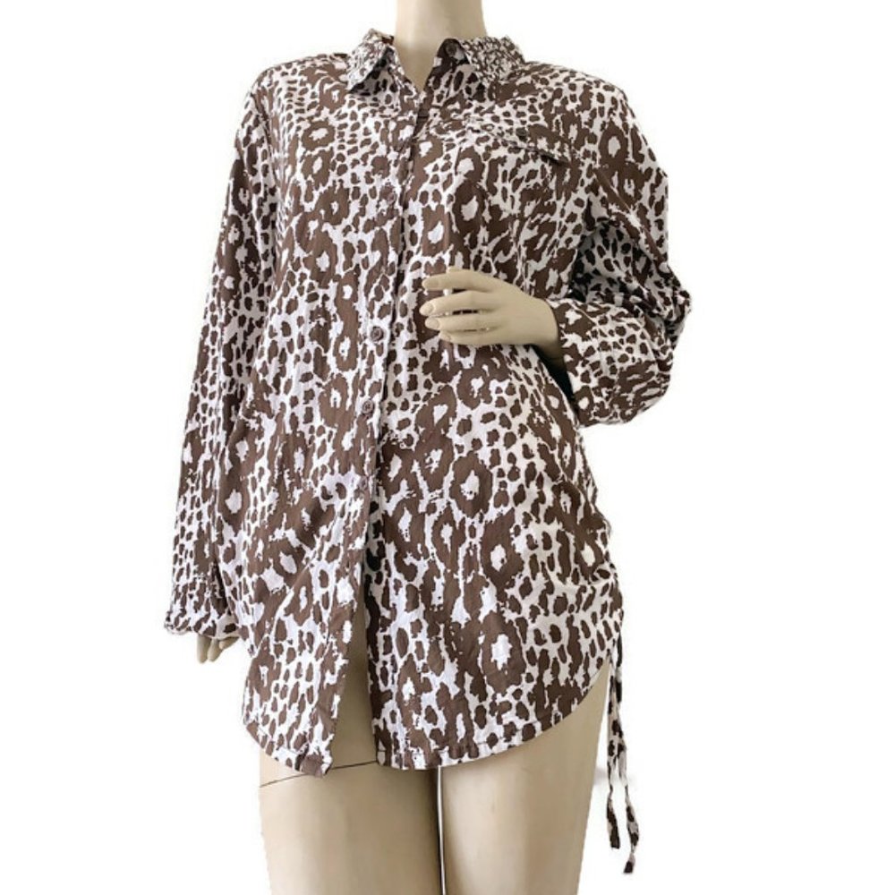 Angus Casual Women's Leopard Animal Print V-neck Button Blouses Top Size2X